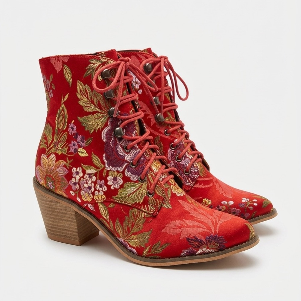 Floral Hand Embroidered Red Ankle Boots